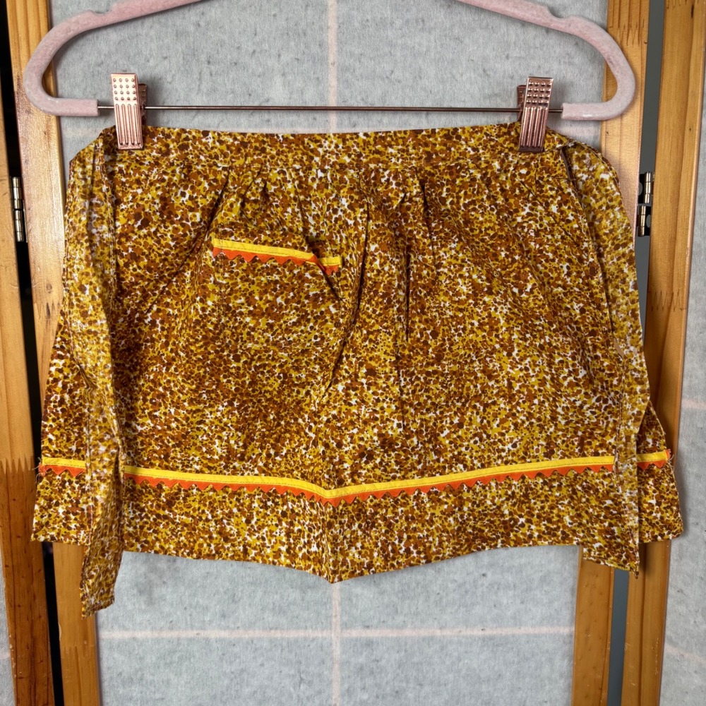 Handmade Vintage‎ 70s Half Apron OS Mustard Yellow Speckled Rick Rack Pocket